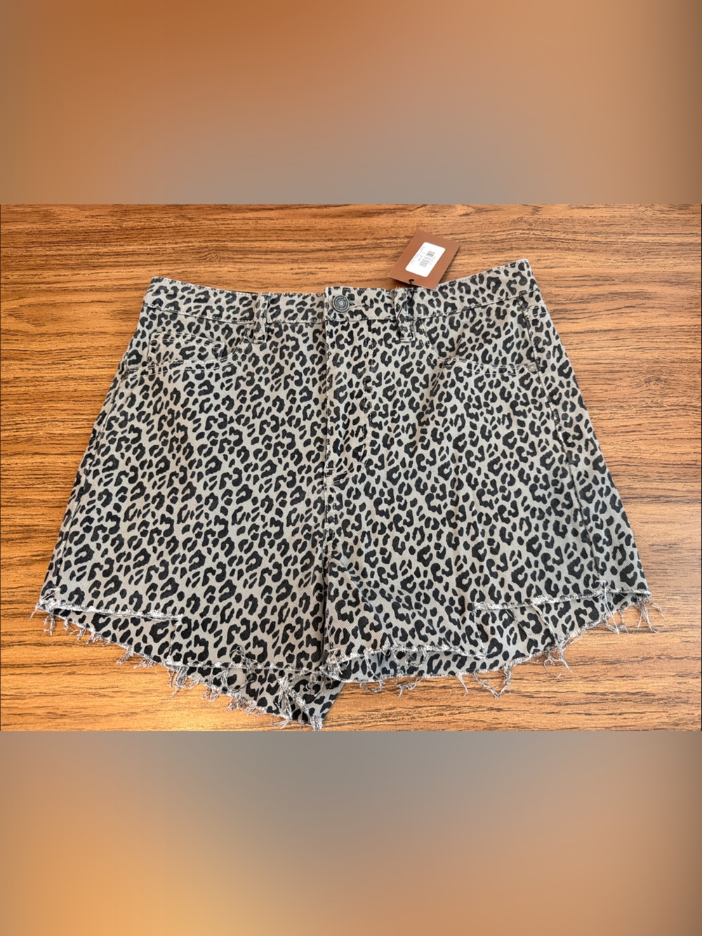 Lucky & Blessed Leopard Print Frayed Hem Jean Shorts - Gray/Black